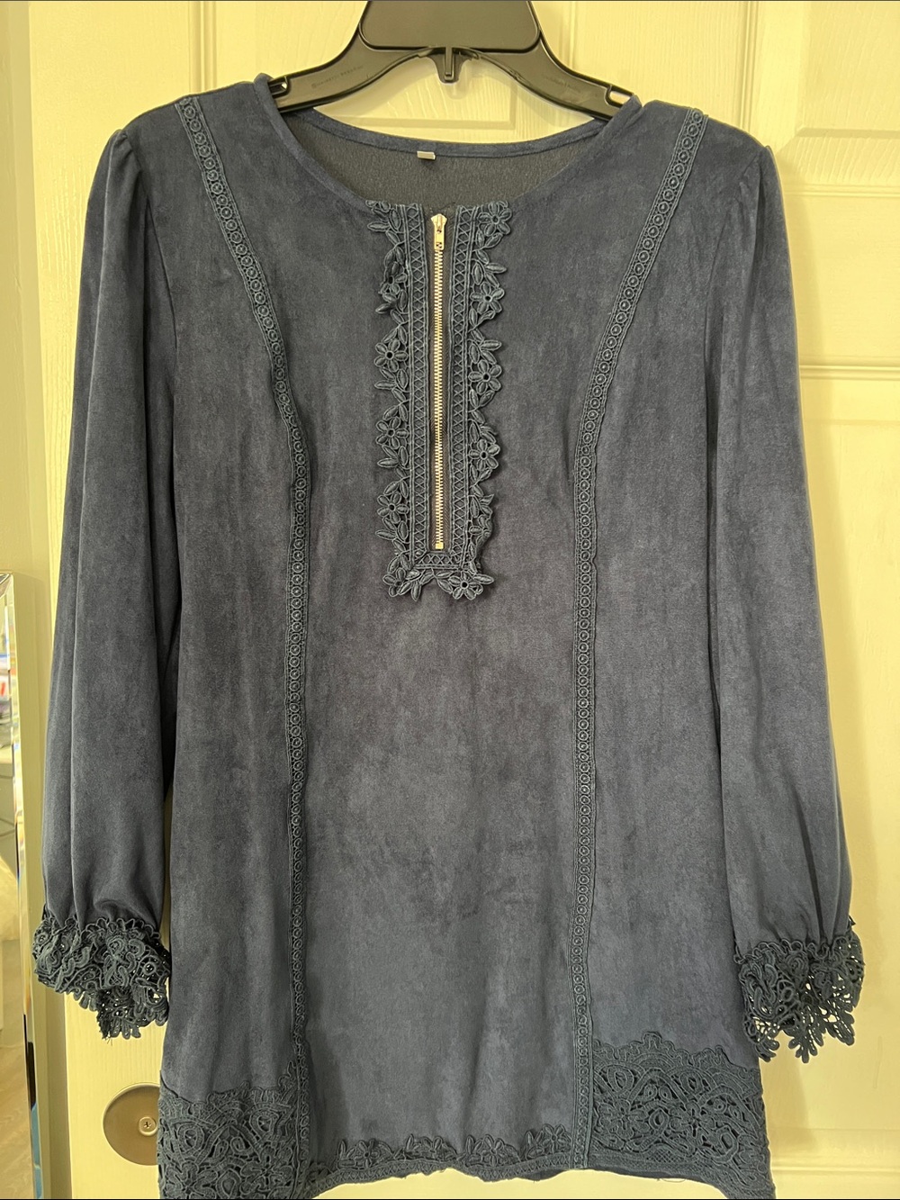 Women's Navy Blue Long-Sleeve Tunic Top with Zip and Lace Trim
